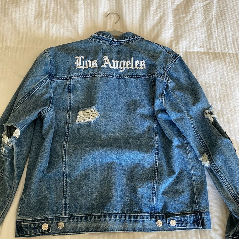denim jacket with rose/LA embroidery